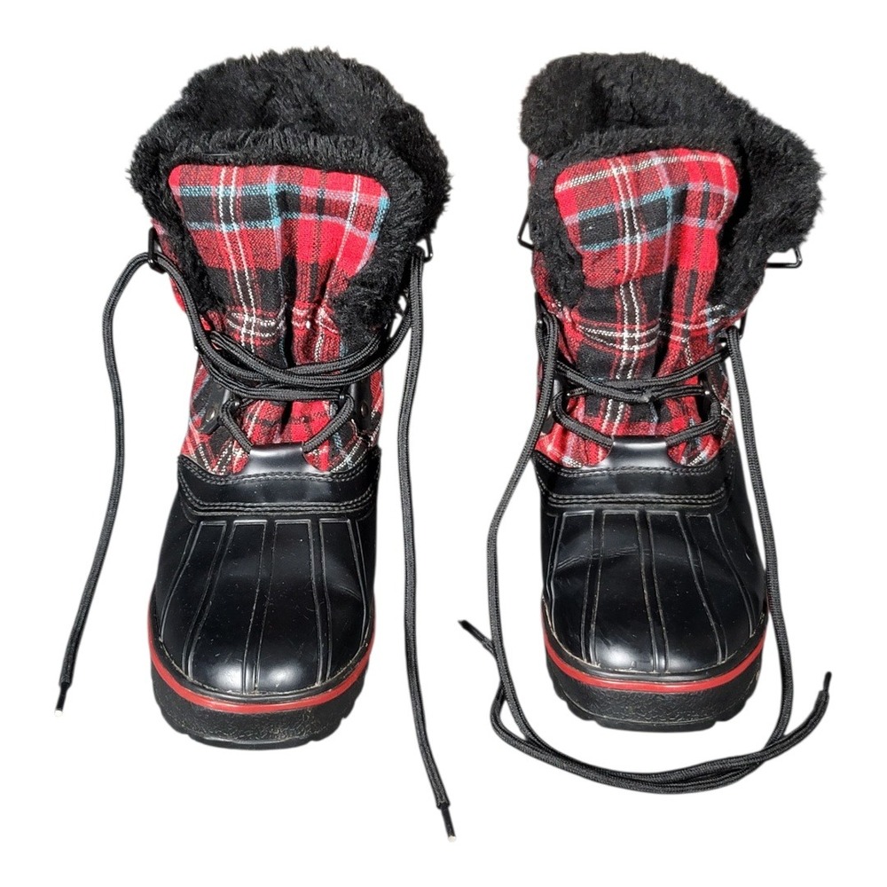 Bass Skeeter Women's Red Plaid Faux Fur Duck Boots Sz 7M Waterproof Winter Snow